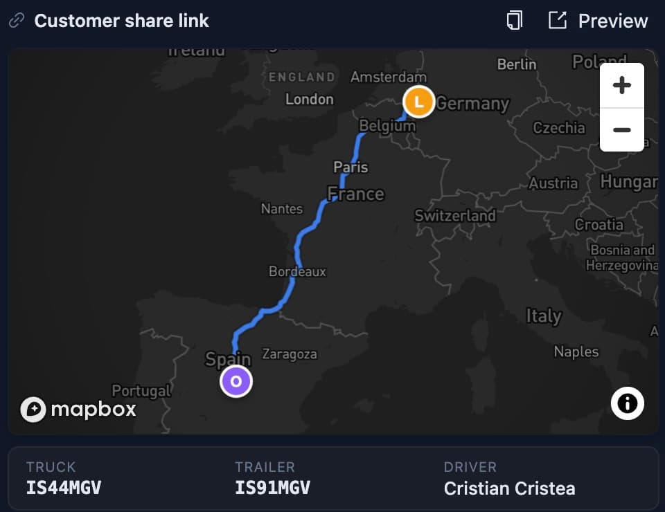 Customer share link panel: live route map from origin to loading point with truck, trailer and driver details.