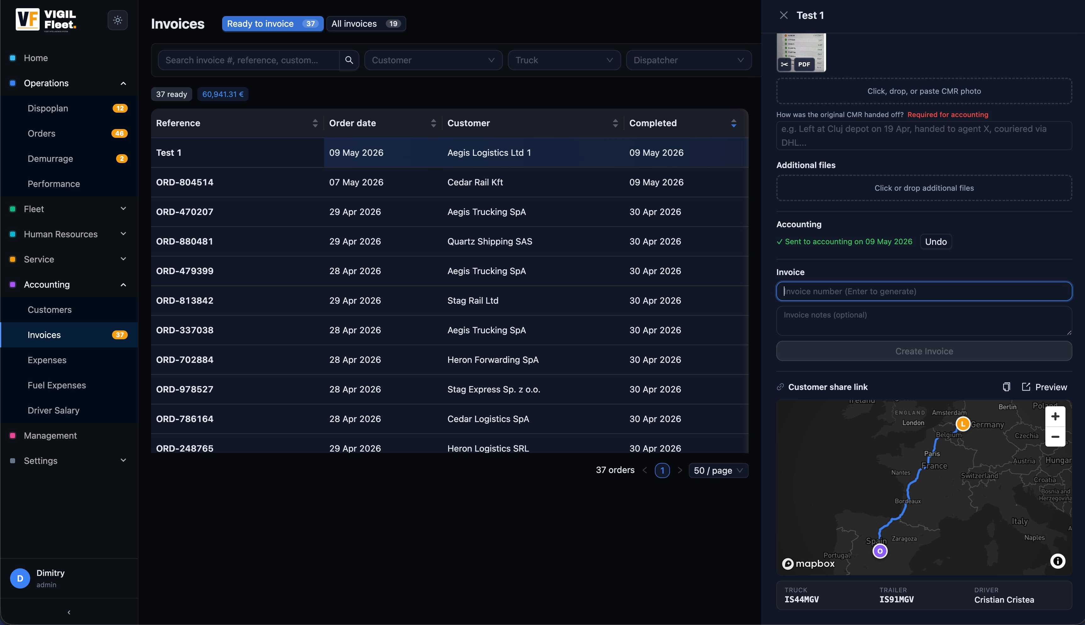 Invoices — drop a CMR photo, AI extracts the order, generates an invoice, and a customer share link with live truck position.